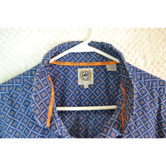 Cinch Men's Large Blue Orange Diamond Pattern Short Sleeve Button Down Shirt - Picture 13 of 13